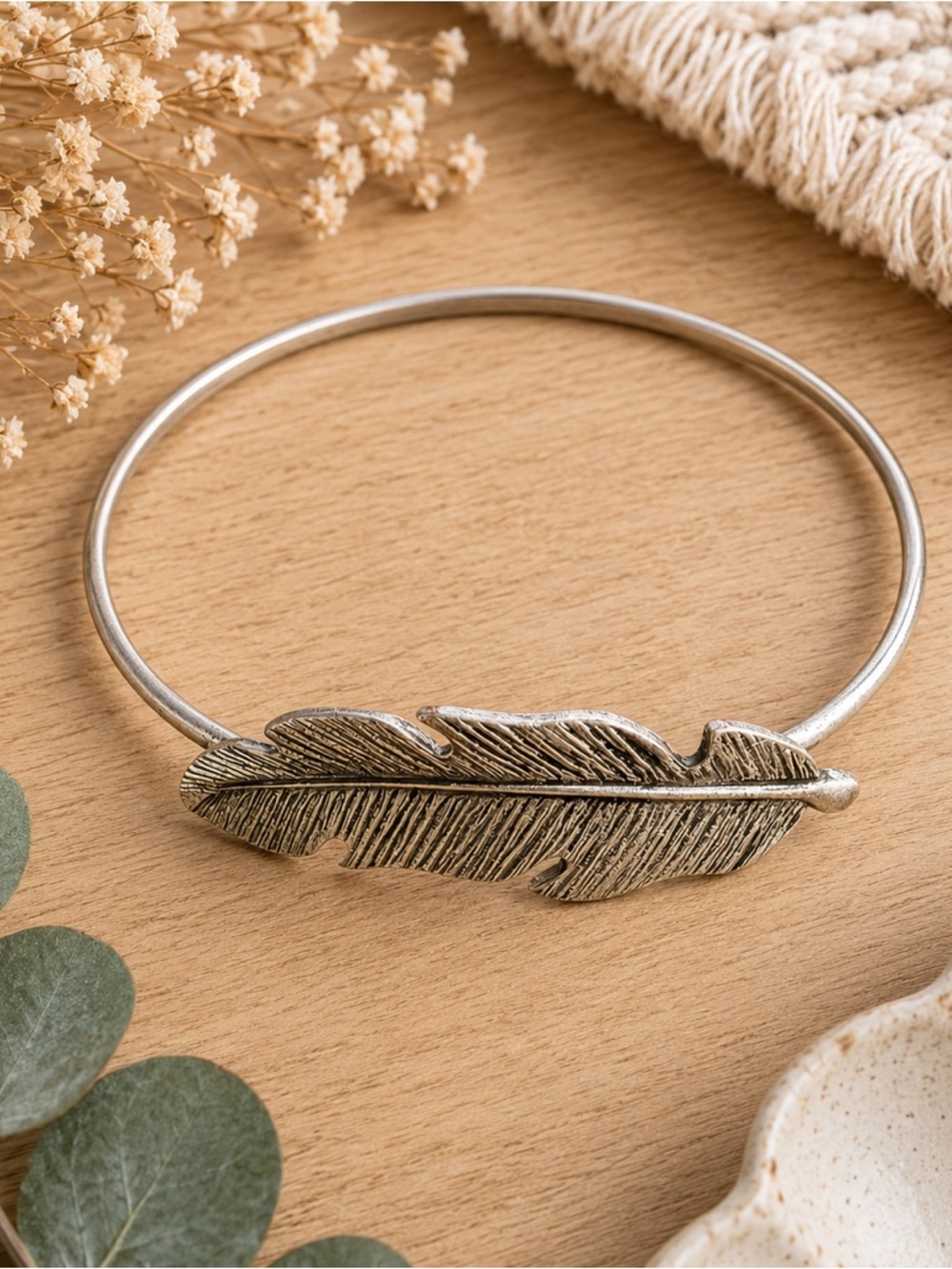 Vintage Style Feather Bangle Bracelet Silver Tone Boho Minimalist Cuff